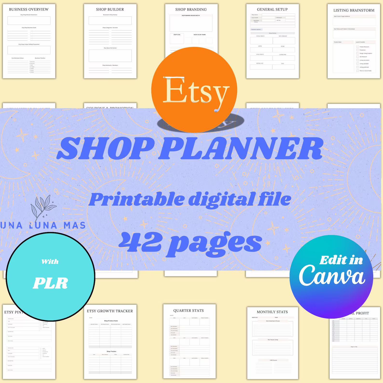Etsy shop planner, Printable Digital Product, Canva Editable 40+, Sell on Etsy, PLR Resell Rights, bonus 40 free listings for new Etsy shops